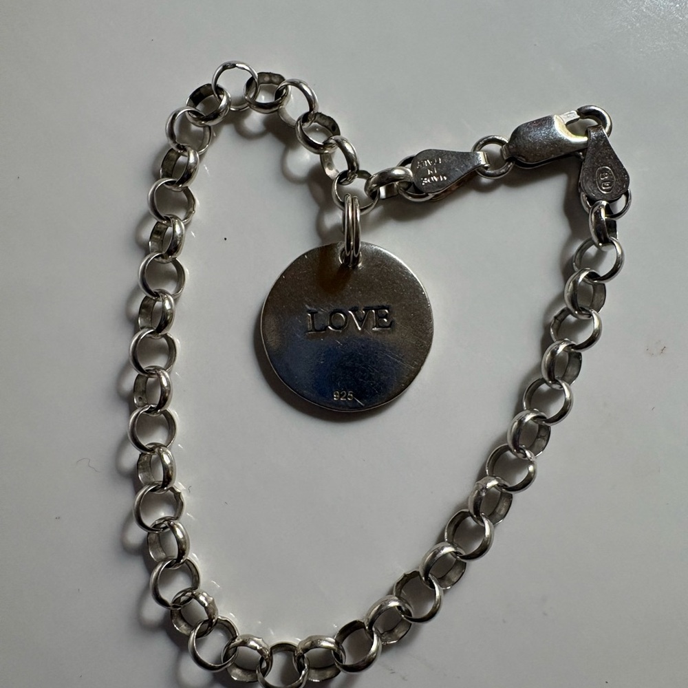 925 Sterling Silver LOVE Disc Charm Bracelet 8.16g Lobster Clasp - Picture 2 of 9